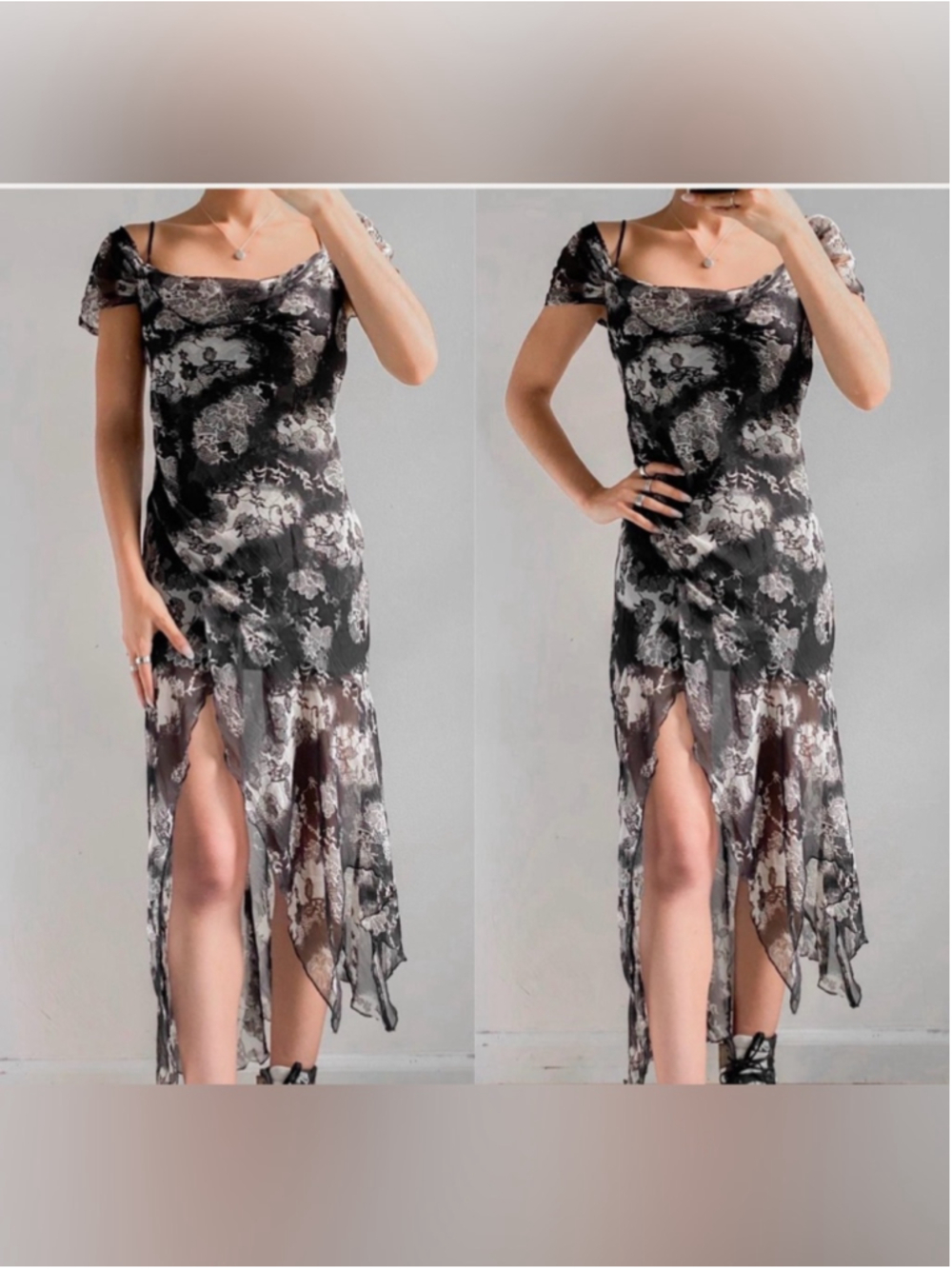 Uo Black & White Floral Lace Print Asymmetrical Cowl Neck Midi Dress